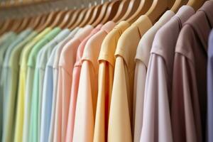 kleurrijk kleren Aan een kleding rek, pastel kleurrijk kast in een boodschappen doen op te slaan of slaapkamer, regenboog kleur kleren keuze Aan hangers, huis garderobe concept afbeelding. ai generatief foto