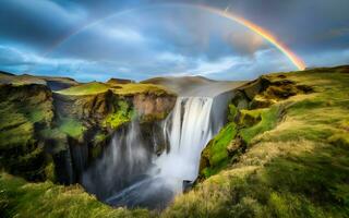 van de natuur betoverend schouwspel, een boeiend momentopname van een regenboog gebogen sierlijk over- een majestueus waterval. ai gegenereerd foto