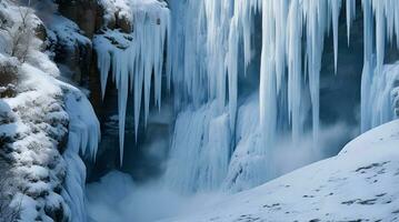 de surrealistische schoonheid van een bevroren waterval gevangen genomen in allemaal haar heerlijkheid. ai gegenereerd foto