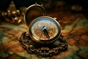 informatief kompas reizen kaart avontuur. genereren ai foto