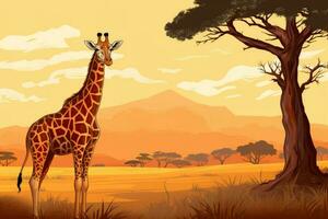 giraffe Afrikaanse savanne boom. genereren ai foto
