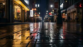 trottoir Bij nacht na regen met nat straten ai generatief foto