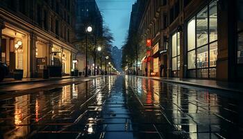 trottoir Bij nacht na regen met nat straten ai generatief foto