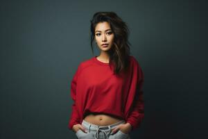 Aziatisch model- in gewoontjes kleren poseren in duidelijk solide studio achtergrond ai generatief foto