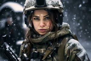 een vrouw soldaat is Aan plicht in een besneeuwd plaats ai generatief foto