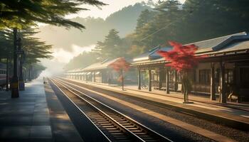 een stil trein station met een backdrop van bergen en pijnboom bomen ai generatief foto