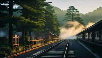 een stil trein station met een backdrop van bergen en pijnboom bomen ai generatief foto