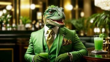 antropomorf serie - een classy dandociraptor hangende uit Bij een classy hotel bar, hebben een cocktail - ai generatief foto