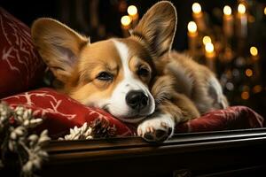 schattig corgi puppy hond slapen. bokeh achtergrond. generatief ai foto