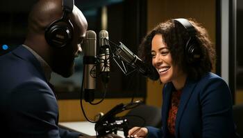 gelukkig radio presentator sprekend in een microfoon in de studio, onderhoudend luisteraars met professioneel musical geluid. generatief ai foto