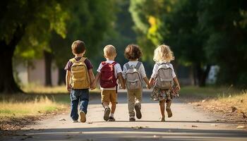 een groep van gelukkig jong studenten, inclusief een meisje, en jongen met een rugzak, wandelen naar school- samen, chatten en lachend net zo ze genieten hun vriendschap en de opwinding van aan het leren. generatief ai foto