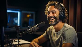 gelukkig radio presentator sprekend in een microfoon in de studio, onderhoudend luisteraars met professioneel musical geluid. generatief ai foto