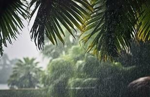 regen in de tropen gedurende de laag seizoen of moesson seizoen. regendruppels in een tuin. generatief ai foto