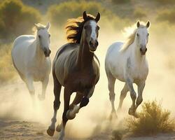 een groep van paarden rennen Aan de land. generatief ai foto