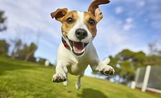 jack russel dominee hond rennen richting de camera laag hoek hoog snelheid schot. ai gegenereerd foto