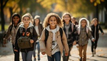 een groep van gelukkig jong studenten, inclusief een meisje, en jongen met een rugzak, wandelen naar school- samen, chatten en lachend net zo ze genieten hun vriendschap en de opwinding van aan het leren. generatief ai foto