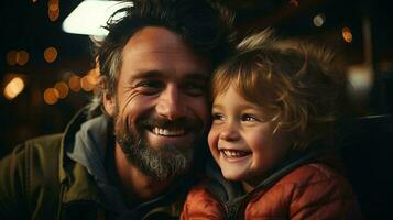 vader en zoon glimlach en lach blij, vader knuffels zijn zoon, concept van vaderlijk liefde en onderwijs foto