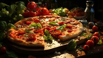 ai-gegenereerd heerlijk Italiaans pizza met peperoni en tomaten foto