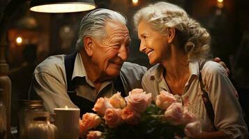 ai-gegenereerd een ouderen paar in liefde, een Mens en een vrouw, zijn zittend Bij een tafel, op zoek Bij elk andere met liefde en glimlachen foto