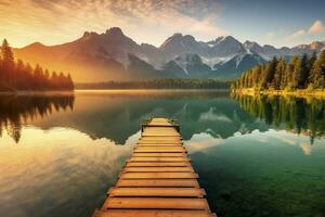 indrukwekkend zomer zonsopkomst Aan eibsee meer met zugspitze berg bereik. ai gegenereerd foto