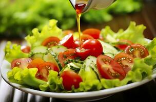 Gezondheid voordelen van gezond salade, in de stijl van nauwkeurig detaillering, glad en glimmend. ai gegenereerd foto