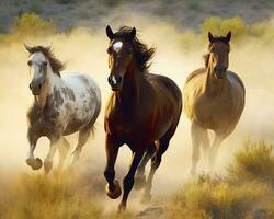 een groep van paarden rennen Aan de land. generatief ai foto