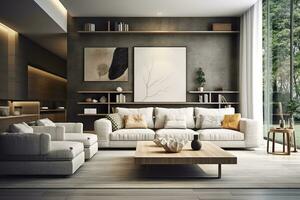 modern leven kamer met sofa en meubilair. ai gegenereerd foto