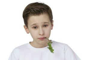 een jong jongen houdt een peterselie in zijn mond, geïsoleerd Aan een wit achtergrond. foto