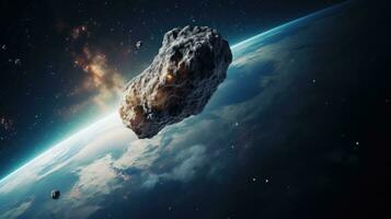 asteroïde of meteoor vlieg naar de aarde, ramp, creatief fantasie wetenschap ai generatief foto