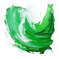een smeren van groen acryl verf. een borstel beroerte van verf Aan een wit achtergrond. ai generatief foto