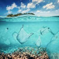 half onderwater geschoten, helder water en zonnige blauwe lucht. tropische oceaan foto