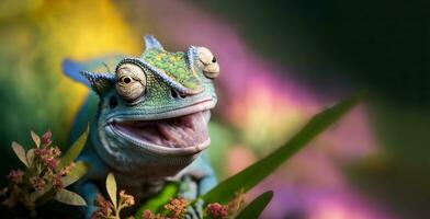 kameleon portret Aan groen achtergrond met kopie-ruimte. generatief ai foto