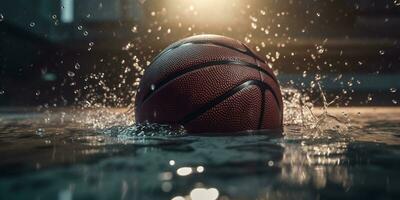 generatief ai, basketbal bal Aan de rechtbank met water plons en zonlicht, detailopname foto