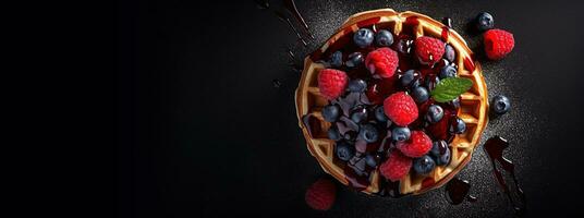 generatief ai, geassorteerd belgisch wafels met fruit en siroop, zoet gebakken toetje foto