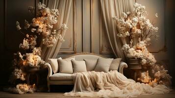 generatief ai, luxe beige interieur met Kerstmis gouden en wit decoratie foto