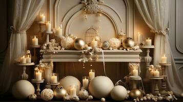 generatief ai, luxe beige interieur met Kerstmis gouden en wit decoratie foto