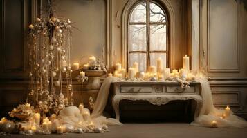 generatief ai, luxe beige interieur met Kerstmis gouden en wit decoratie foto