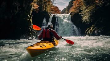 generatief ai, kajak vlot rivier- waterval, extreem sport concept, wildwater kajakken foto