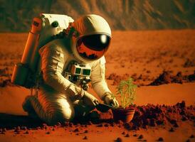 astronaut groeit plant, landbouw en landbouw Aan buitenaards wezen planeet. generatief ai foto