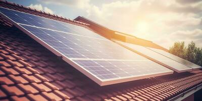 generatief ai, zonne- panelen Aan gebouw dak, schoon ecologisch elektriciteit Bij zonsondergang, hernieuwbaar energie concept foto