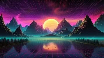 generatief ai, 80s retro futuristische scifi., nostalgisch jaren 90. nacht en zonsondergang neon kleuren, cyberpunk wijnoogst illustratie. zon, bergen en handpalmen. opnieuw magnetron vj videogame landschap.. foto