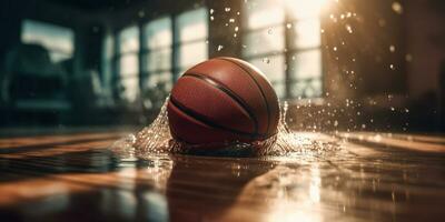 generatief ai, basketbal bal Aan de rechtbank met water plons en zonlicht, detailopname foto