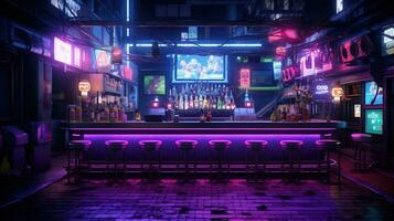 generatief ai, cyberpunk stijl bar of cafe. nacht tafereel van groot stad, futuristische nostalgisch jaren 80, jaren 90. neon lichten levendig kleuren, fotorealistisch horizontaal illustratie. foto