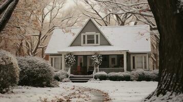 generatief ai, huis voorkant in de winter met Kerstmis decoratie, krans en guirlande. sneeuw knus seizoen foto