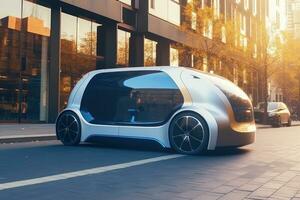 futuristische zelfrijdend auto Aan stad wegen. generatief ai foto