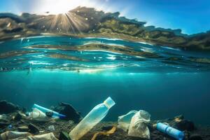 plastic afval, afval en vuilnis vervuilen onderwater- oceaan, generatief ai foto