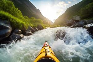 extreem kajakken naar beneden de wild rivier- in bergen Bij zonsondergang, gezichtspunt generatief ai foto