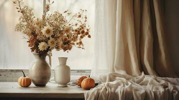 generatief ai, herfst rustiek decoratie voor huis en viering concept, pompoenen en planten, herfst achtergrond foto