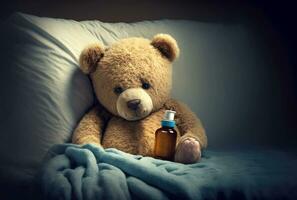 ziek teddy beer aan het liegen ziek in bed. verkoudheid en griep. generatief ai foto