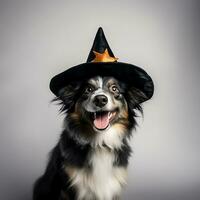 schattig hond vervelend halloween hoed, geïsoleerd Aan wit achtergrond, ai gegenereerd foto